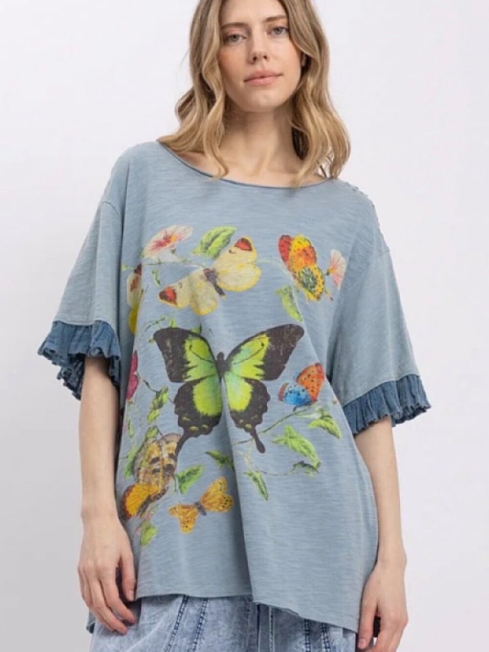 BLUE VELVET BUTTERFLY RUFFLE SLEEVE TOP